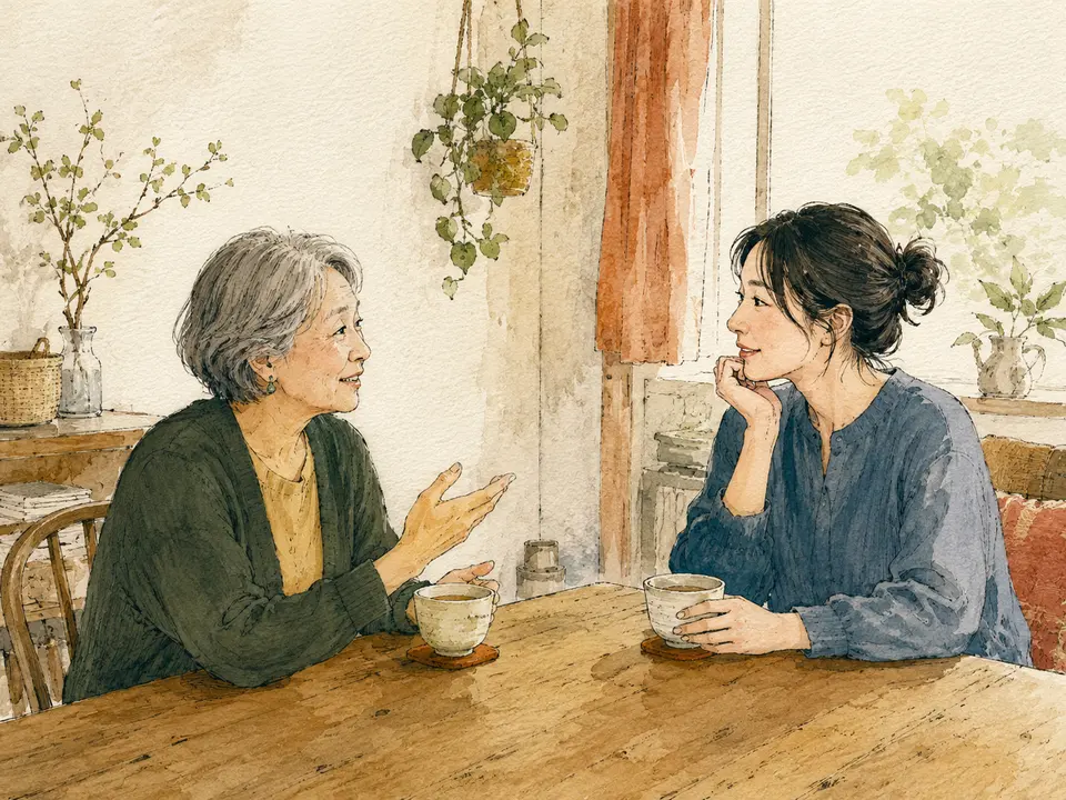 木のテーブルを挟み、お茶を飲みながら率直に話す二人の手描きイラスト