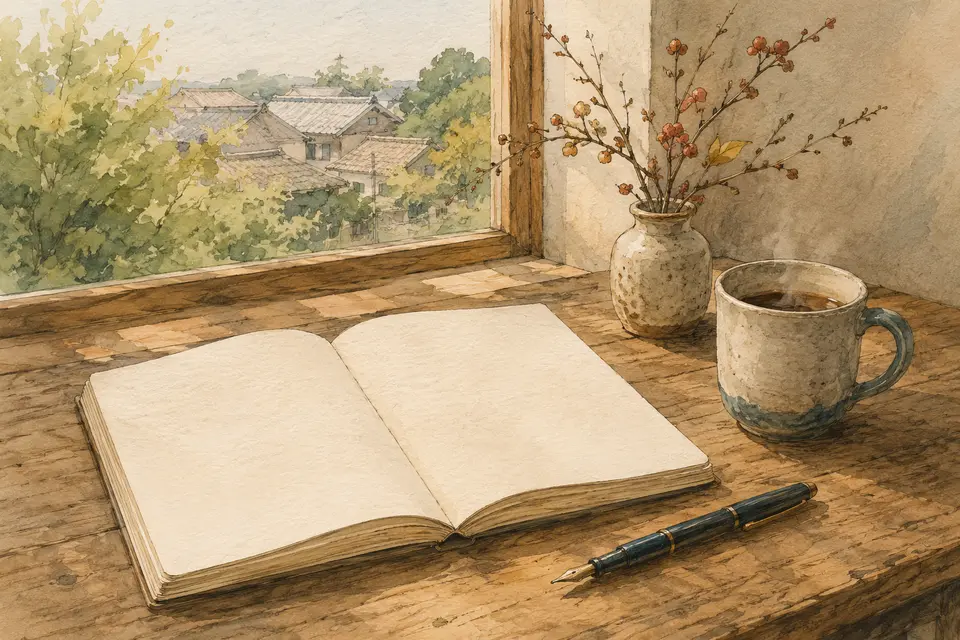 窓辺の木の机に、白紙のノート、万年筆、湯のみ、季節の枝を生けた花器が置かれた手描きイラスト